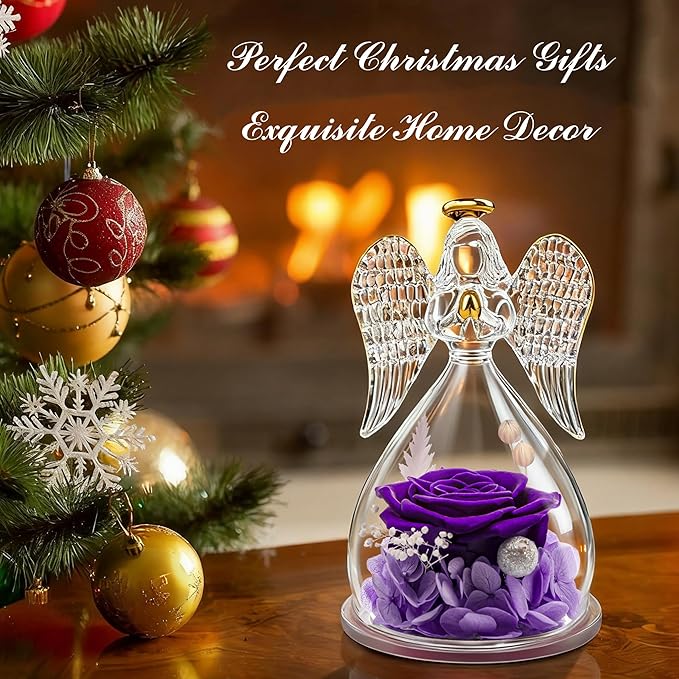 Sunia Preserved Flower Rose Gift for Women - Mother's Day Birthday Gifts for Mom Wife Grandma, Glass Angel Figurines Forever Real Roses Gifts for Her Valentine Day Thanksgiving (Purple)