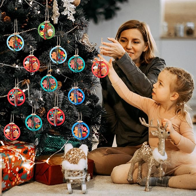 Chunful 24 Pcs DIY Christmas Wooden Ornaments 3D Unfinished Wood Crafts to Paint Christmas Hanging Cutouts Blank Hollow Wood Santa Reindeer Snowman Slice for Xmas Tree Decorations(Gingerbread)