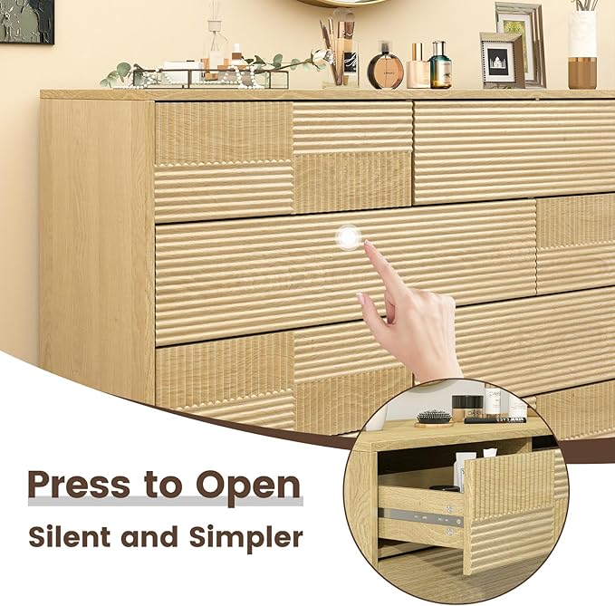 Hadulcet Wood Dressers for Bedroom 34” Tall, Large 8 Drawer Dresser TV Stand, Modern Chest of Drawers for Closet Clothes Storage Organizer with Fluted Panel, No Handles Design, Natural Oak