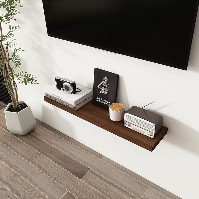 Axeman Floating Shelves, 8 Inch Deep Modern Solid Wood Wall Shelves for Storage, Wall Mounted Display Shelving with Invisible Heavy-Duty Metal Bracket, 36" W x 8" D x 1.57" H, Walnut Finish