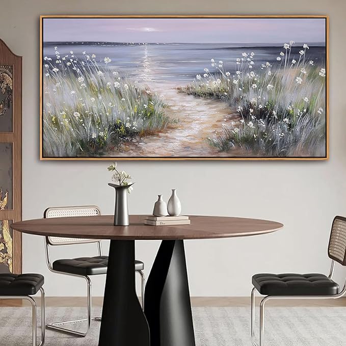 KLAKLA Bedroom Decor Wall Art Blue Beach Picture Ocean Theme Flower Canvas Print Modern Coastal Seascape Painting Framed Seaside Artwork Floral Daisy for Home Sea Lake Living Room 29x58 Inch