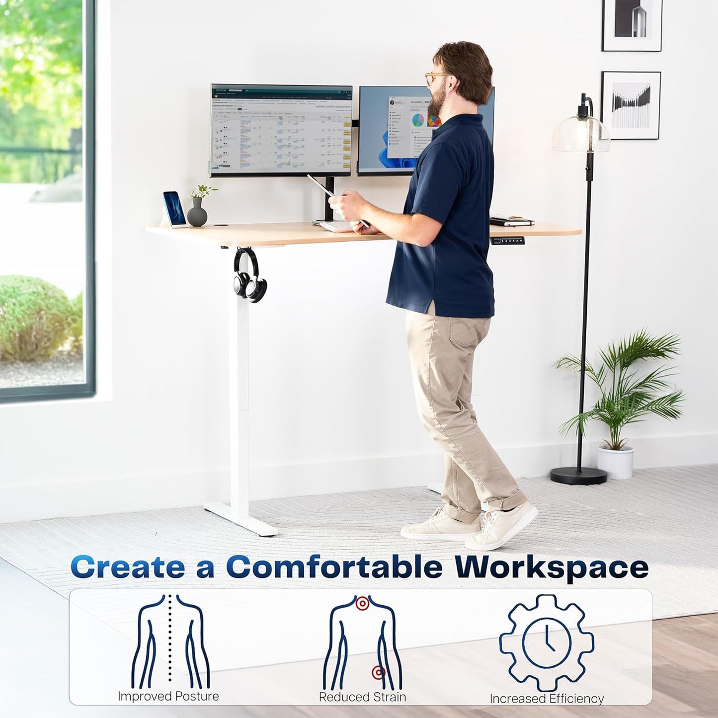 VIVO Electric Standing Desk - Memory Height Adjustment, Light Wood Top & White Frame, 63 x 32 in
