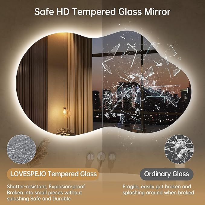 LOVESPEJO Irregular Backlit Mirror Bathroom 40x24 Inch, Asymmetrical Cloud LED Bathroom Mirror with Lights, Fogless, Dimmable, 3 Color Changing, Shatterproof,Horizontal/Vertical