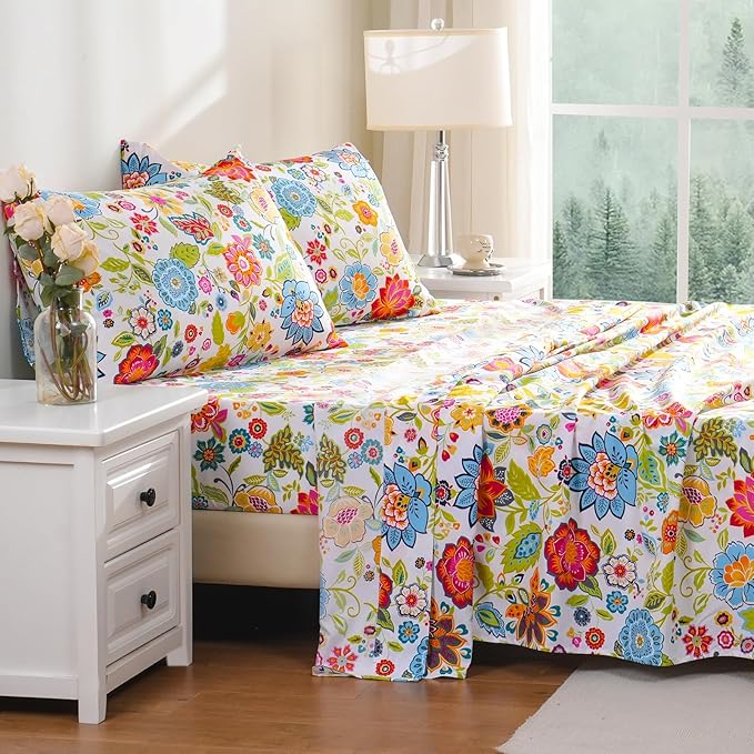 Bedlifes King Sheet Set Ultra Soft, Breathable, Silky Flower Deep Pocket 100% Microfiber Bedding, 4 Piece King Size with Floral Spring Design