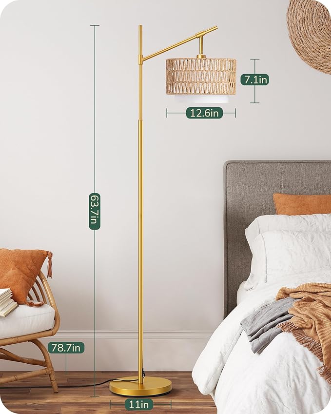 EDISHINE Rattan Arc Floor Lamp with Remote, Gold Farmhouse Standing Lamps for Living Room, Rattan & Fabric Dual Shades, Dimmable LED Bulb, Foot Switch, Adjustable Head Boho Lamp for Bedroom, Nursery