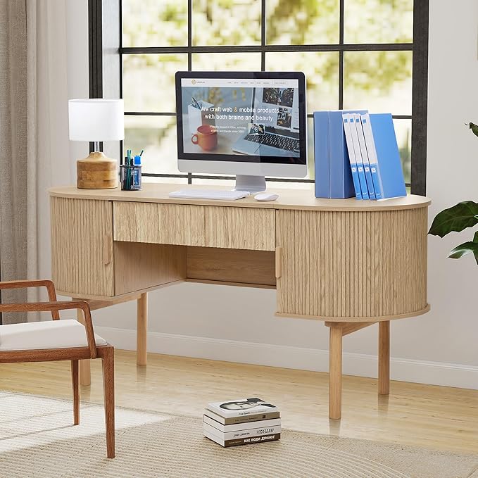 ORRD Home Office Oval Desk with Sliding Tambour Door and Drawer, Modern Fluted Wood Executive Computer Storage Desk for Study, Living Room, Bedroom, Office - Natural