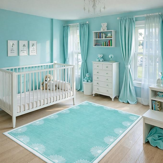 Hedlive Washable 3x5 Toddler Rug, Soft Low Pile Baby Blue Nursery Area Rugs for Boys and Girls, Sun Print Floor Carpet for Kid Baby Room Bedroom Playroom Classrooom Dorm(3'x5',Baby Blue)
