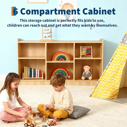 Garvee Montessori Shelf - 6 Compartment Toy & Book Organizer with Adjustable Dividers | Natural Finish for Kids' Playrooms
