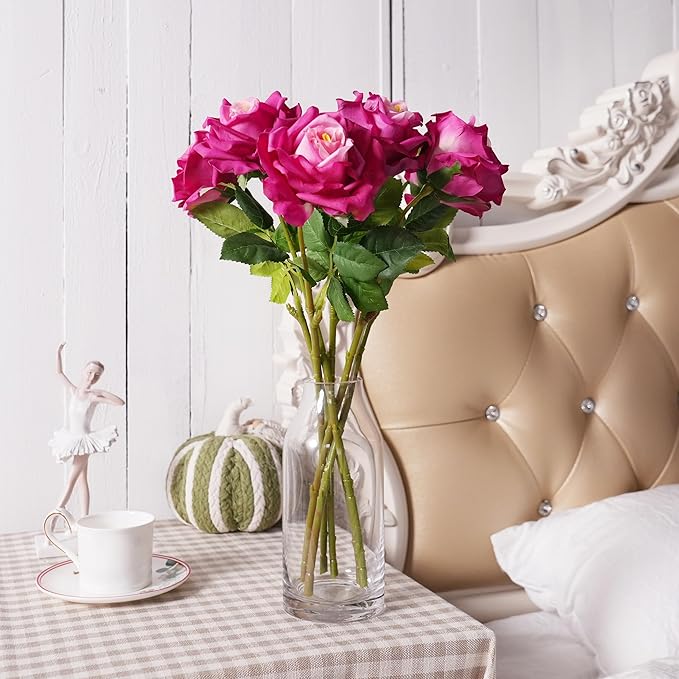 6 Pcs Silk Real Touch Latex Roses, Artificial Single Stem Big Bloom Faux Roses for Home Party Office Wedding Indoor Decor, Floral Arrangements, Table Centerpieces
