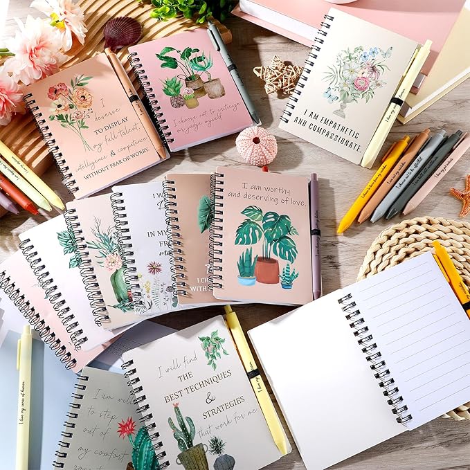 Kosiz 48 Pcs/24 Set Positive Affirmation Gifts Gratitude Spiral Notebooks with Pens Motivational Encouragement Notepads Daily Affirmations Journal for Women Valentine Galentine Gifts (Flower)