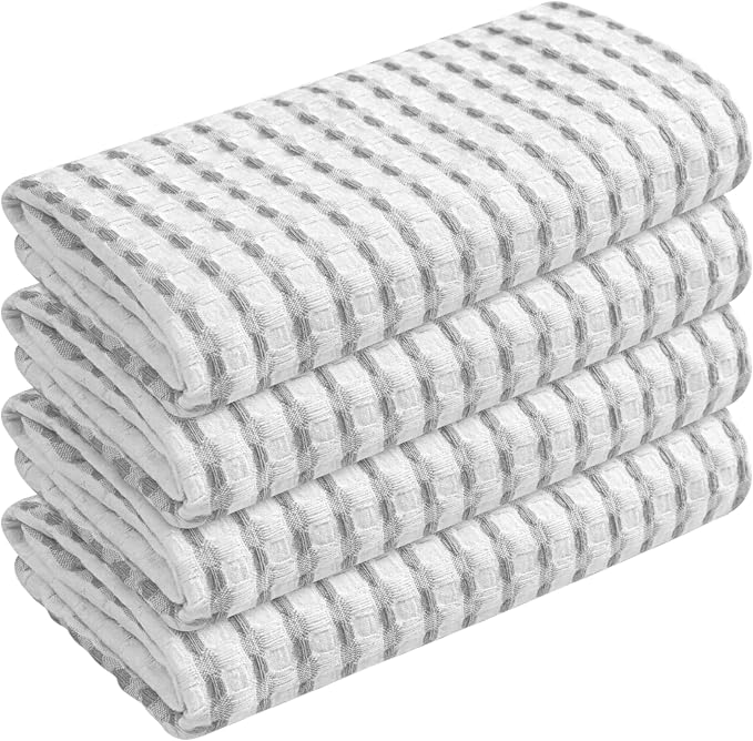 TWINY threads Waffle Kitchen Dish Towels Pack of 4, 100% Cotton 16"x26" Dishcloths Set, Soft, Durable & Highly Absorbent Waffle Weave Tea Towels for Everyday Kitchen Use, Light Grey, White