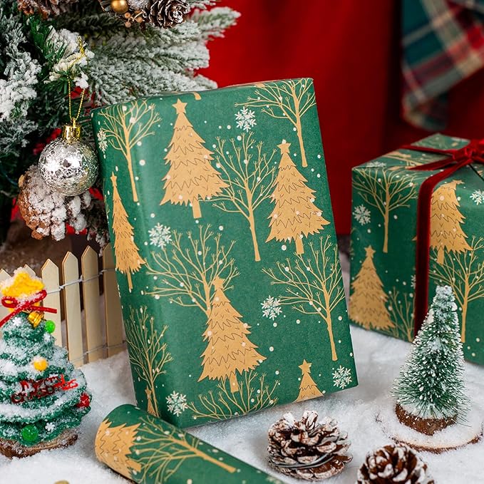 MAYPLUSS Green Kraft Christmas Wrapping Paper - 17Inch X 33Feet - Recyclable Festival Holiday Winter Woodland Matte Green Christmas Tree Kraft Gift Wrap Paper for Holiday, Party Decor, Celebration