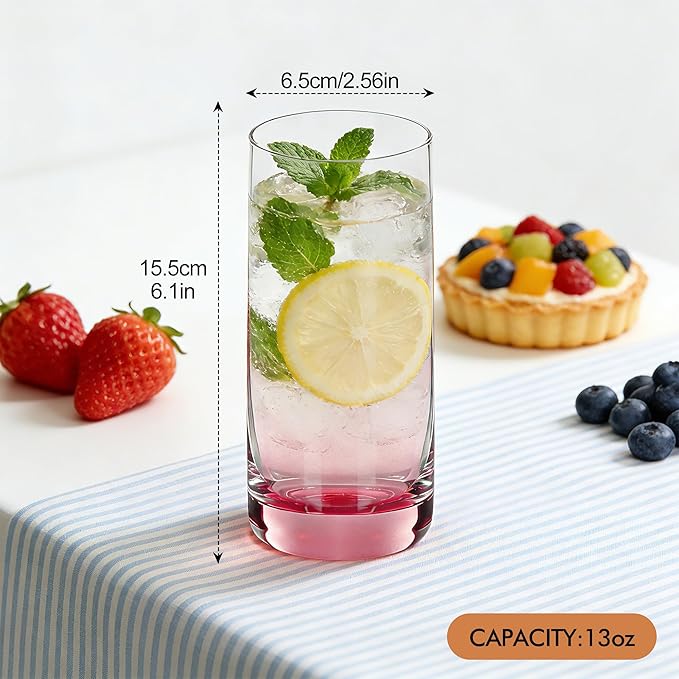 Colored Highball Glasses Set of 6,13oz Drinking Glass Cups for Mixed Drink Cocktail, Beer, Mojito, Water and Juice,Thick Tall Crystal Glassware for Kitchen, Restaurant, Home Bar and Parties
