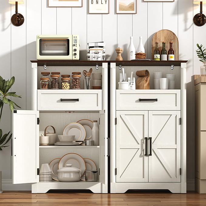 jiteentarou Farmhouse Bathroom Storage Cabinet,Bathroom Floor Storage Cabinet with Roman Column Decor,Small End Table with Barn Doors,Small Bathrooms Organizer(Rustic White)
