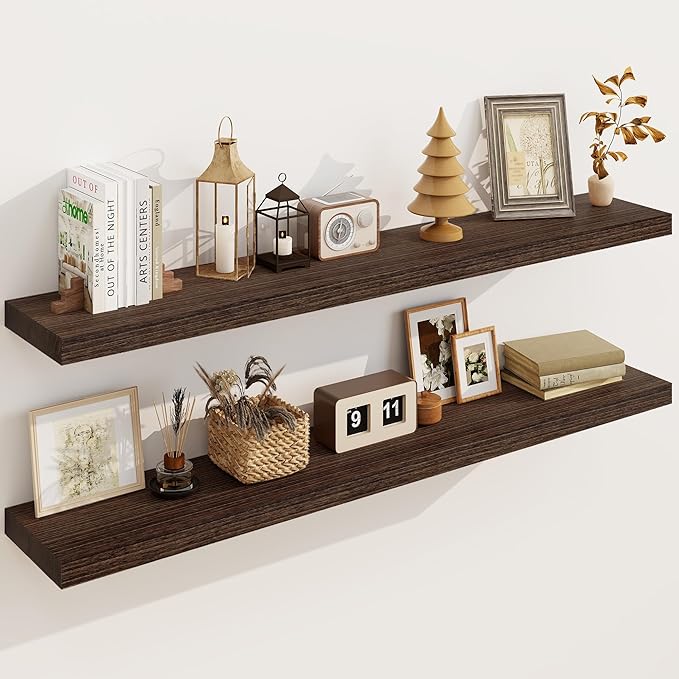 Solid Wood Floating Shelves for Wall 48"W x 8"D x 1.56"H Set of 2, Deep Wall Shelves for Living Room Bedroom Bathroom Kitchen Decor Storage with Invisible Heavy-Duty Metal Bracket, Rustic Brown