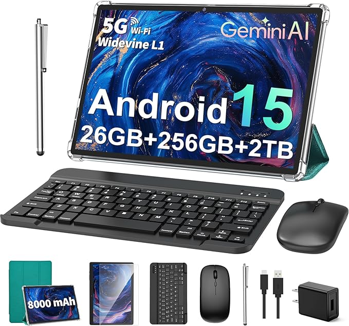 PYNAREL Android Tablet with Keyboard, 26GB+256GB, 2TB Expand, Android 15 Tablet 10 inch with Octa-Core, 8000mAh, 5G WiFi, BT5.0, Widevine L1, Split Screen, Case, Mouse, Stylus(Green Case)