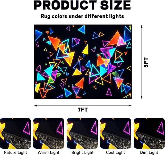 Triangle Area Rug 5'x7' Blacklight Glow in The Dark Geometric Rug Non-Slip Washable Colorful Neon Light Floor Mat for Bedroom Living Room Nursery Kitchen Playroom Home Decor