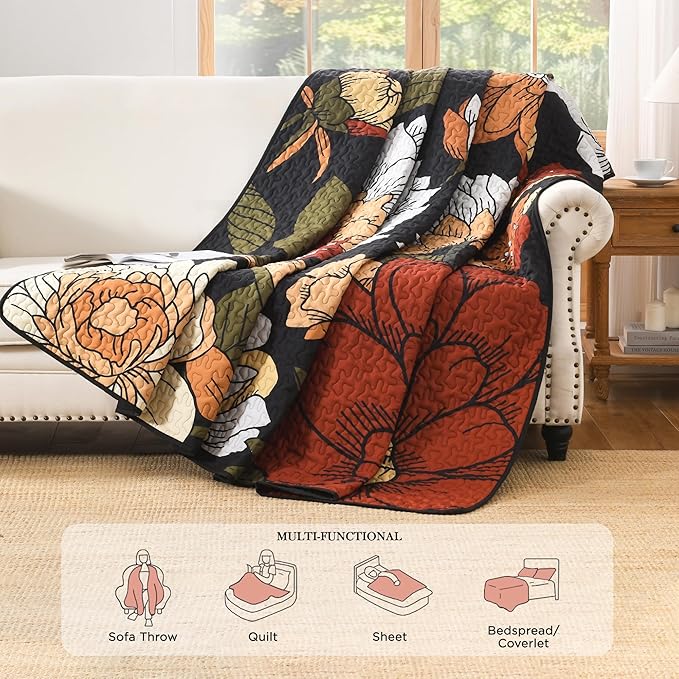 Andency Floral Boho Quilt King Size Bedding Set Black, 3 Pieces Farmhouse Flower Botanical Summer Bedspreads with 2 Shams, Soft Reversible Lightweight Microfiber Coverlet Set for All Season, 106"x96"