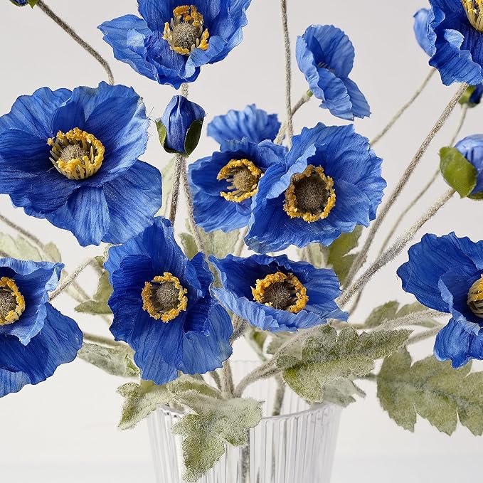 6PCS Dark Blue Faux Poppies Artificial Poppy Flowers with Realistic Silk Long Stems for Table Office Centerpiece Outdoor Indoor Cemetery