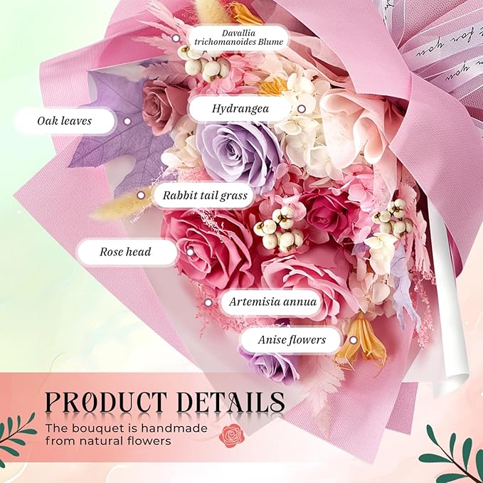 Preserved Flowers Roses Bouquet with Vases Real Pink Flowers for Delivery Prime, Forever Glitter Rose Bouquets Kit,Handmade Flowers Eternal Rosas,Gifts for Graduation Mom Women Birthday(Pink)