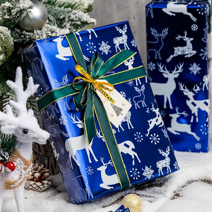 MAYPLUSS Christmas Wrapping Paper Roll - Mini Roll - 17.3 Inch X 32.8 Feet - Christmas Blue Elk Design (47.3 sq.ft.ttl)