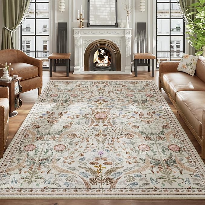 AMTOVO 9x12 Washable Area Rugs for Living Room, Non-Slip&Non-Shedding Floral Large Soft Boho Vintage Print Carpet for Bedroom Girls Room Dorm Dining Room Farmhouse Nursery Home Office, Beige