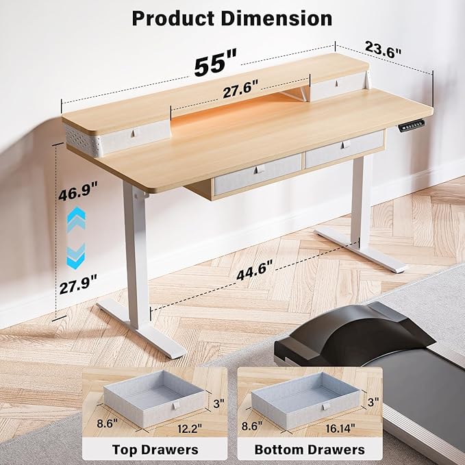 Electric Standing Desk with 4 Drawers 55''x 24'' Adjustable Height Sit to Stand Up Desk with Storage Shelf, C-Clamp Mount Compatible Black Home Office Desks Computer Gaming Table Ergonomic Workstation