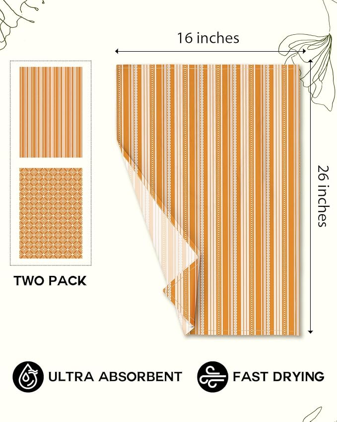 Miss Adola 2 Pack Flour Sack Kitchen Towels - 16x26 Inch Cotton Dish Towels with Hanging Loop Reusable Geometric Boho Modern Retro Tea Towel Absorbent Dishcloths Home Decor, Orange Stripe