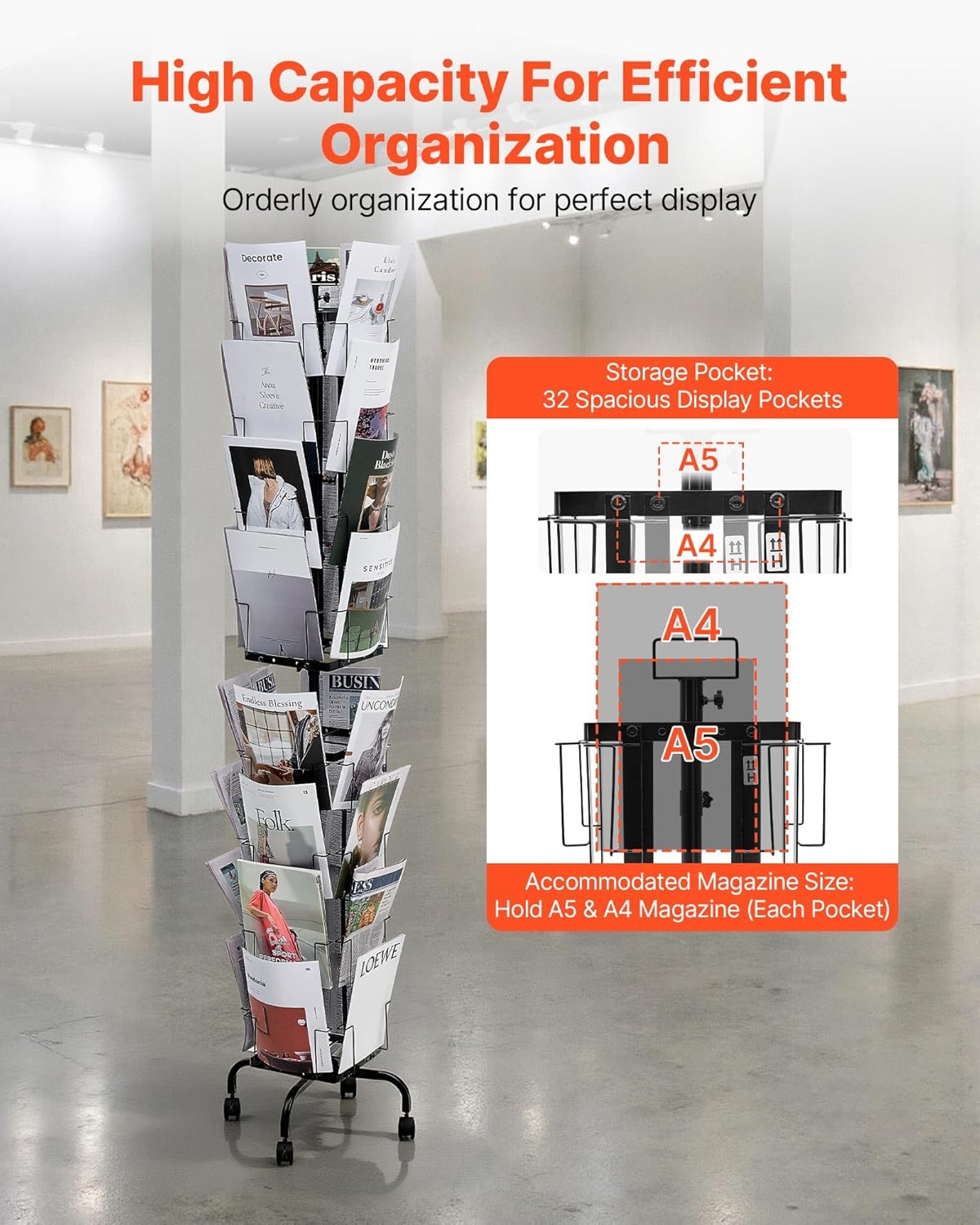 VEVOR Greeting Cards Display Rack - 32 Pocket Rotating Brochure Stand with 360° Spin & Lockable Wheels