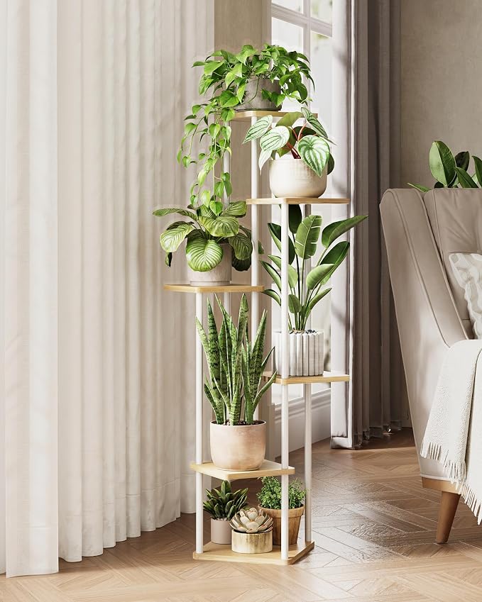GENTINGBRO Tall Plant Stand Indoor 6 Tiered Plant Shelf for Multiple Plants Coner Shelf Stand Wood Plant Stand Metal Shelving for Living Room Bedroom Balcony Patio White