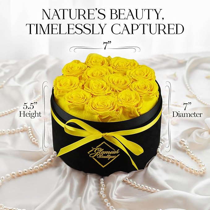 GLAMOUR BOUTIQUE Flowers Forever Gift Box 12 Real Preserved Roses in a Velvet Box, Birthday for Her Mom and Wife, Mothers Day, Anniversary, Graduation - Yellow