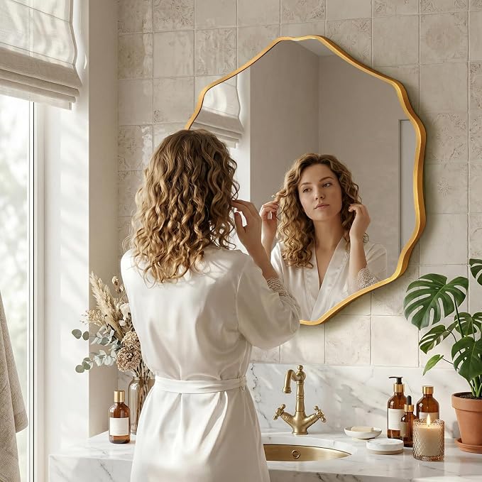 Irregular Hexagon Wall Mirror with Wavy Edge, Modern Decorative Mirror for Bathroom, Bedroom, Living Room, Frameless Vanity Mirror