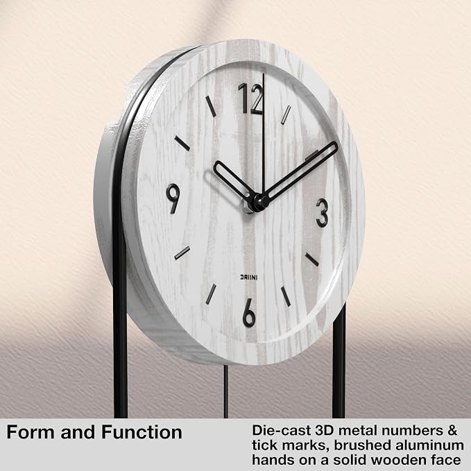 Driini Decorative Wall Clock with Pendulum (White) – Modern Wood, 3D Gold Numbers, Metal Frame – Small, Unique Wall Clocks for Living Room Decor or Bathroom - Battery Operated, Silent, Non-Ticking