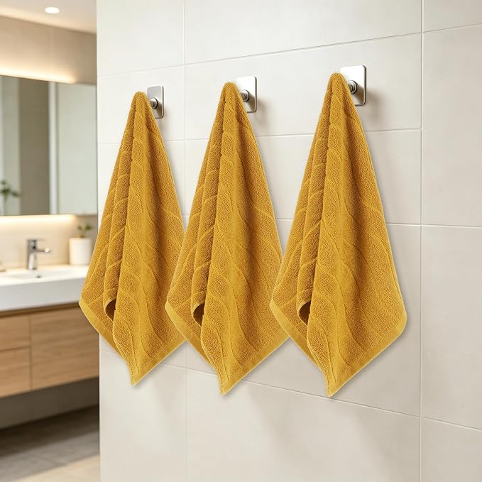 3 Pack Mustard Hand Towels Set, 100% Cotton Wavy Striped Jacquard Towels for Bathroom Kitchen 13.4 x 29.5 Inches (3 PCS Mustard)