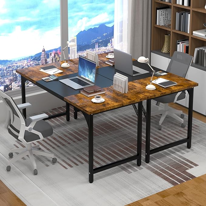 Computer Desk, 55 Inch Home Office Desks, Office Desk for Gaming Writing Study Work, Study Table with Large Legroom, Computer Desk with Metal Frame (Brown + Black Carbon Fiber Tabletop, 55inch)
