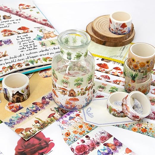 KOVANO Washi Tape Set 13 Rolls - Mushroom Butterfly Floral Decorative Tape, Colored Masking Tape for Scrapbooking Supplies, Bullet Journal Supplies, Junk Journal, DIY Crafts Art