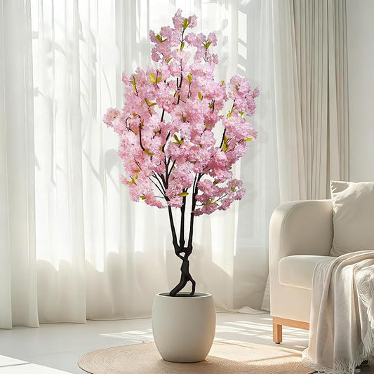 6.56ft Tall Pink Artificial Cherry Blossom Trees, Realistic Flower with Sturdy Plastic Pot, Fake Cherry Blossom Tree for Home Office Indoor Outdoor Party Wedding Christmas Decor