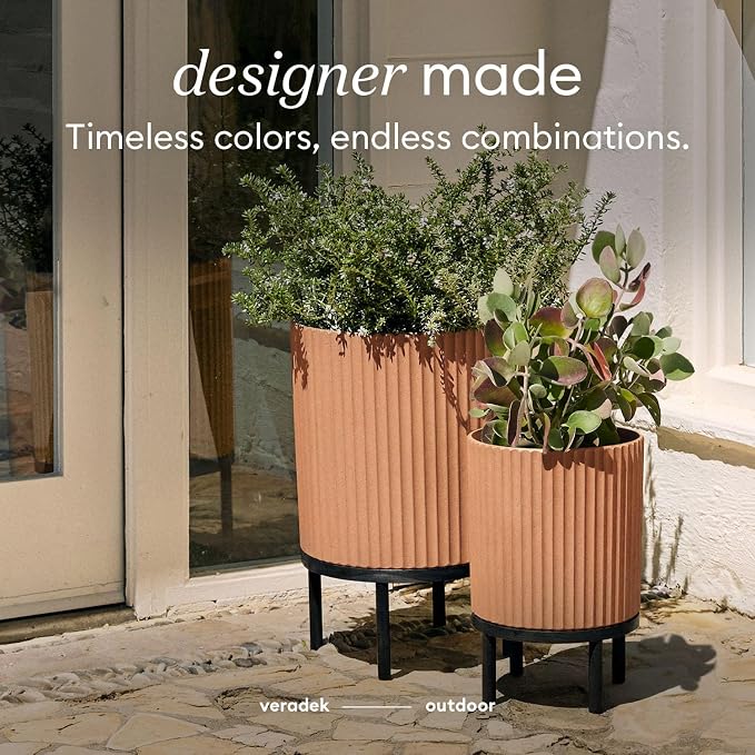Veradek Demi Series Round Planter w/Stand for Porch/Patio | Durable Plastic-Stone Composite & Wooden Stand | Modern Décor for Tall Plants, Flowers
