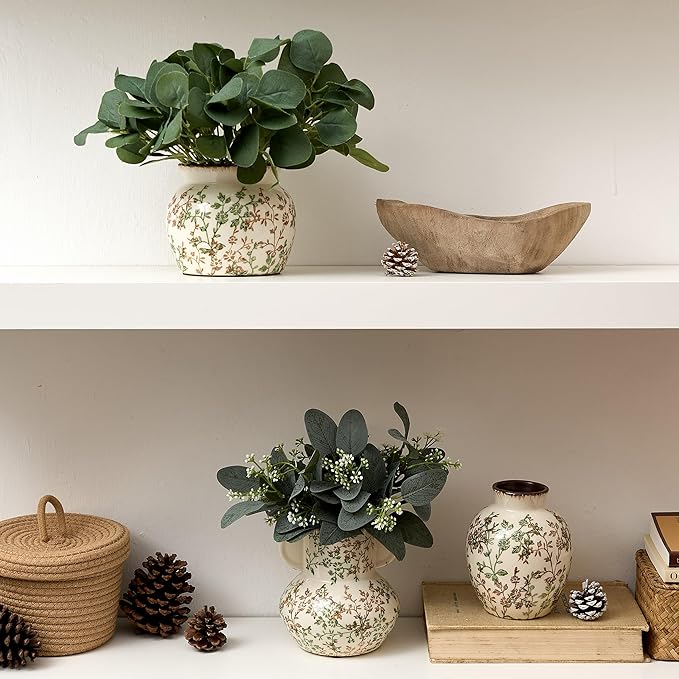 SIDUCAL Ceramic Green and Beige Vase with Wide Mouth Lace, 4.84 Inch Cracked Chinoiserie Rustic Farmhouse Vases, Pastoral Retro Vase for Home Decor, Table, Living Room, Bathroom, Shelf, Wedding