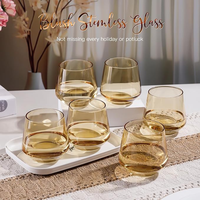 Amber Stemless Wine Glass Set of 6-14oz Wine Glasses, Stemless Drinking Glasses for Wine, Cocktails & Beverages - Elegant Glassware for Home, Bar & Holiday Use