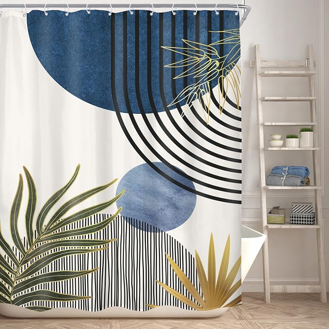 KOMLLEX Mid Century Blue Green Boho Shower Curtain for Bathroom Decor 54Wx78H Inches Abstract Modern Minimalist Chic Plants Arch Curve Leaves Sun Fabric Waterproof Polyester 12 Pack Hooks Pack Hooks