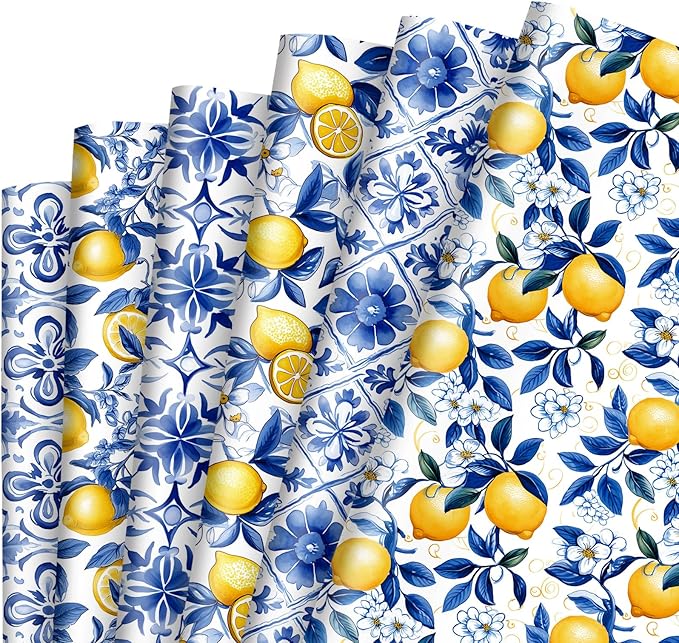 JarThenaAMCS 12 Sheet Chinoiserie Lemons Wrapping Paper -Not Roll- Watercolor Blue Tiles Lemon Gift Wrap Paper Folded Flat Art Paper for DIY Crafts Gift Wrapping, 19.7 x 27.6 Inch