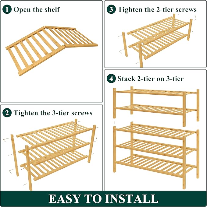 Smiry Bamboo Shoe Rack for Closet, 5 Tier Wooden Stackable Shoe Organizer, Free Standing Shoes Storage Shelf for Entryway, Front Door Entrance, Natural