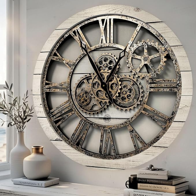 ImprovingLife The Gears Clock The Original Real Moving Gear Wall Clock Vintage Industrial Oversized Rustic Farmhouse (24 inch (60cm),White Farmhouse)