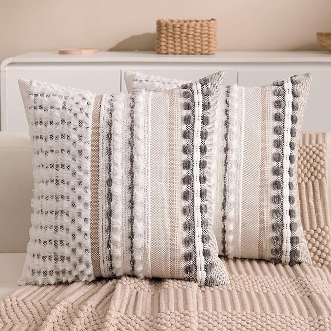 KOOLIFE Boho Chenille Tufted Couch Throw Pillow Covers 18x18 Inch Set of 2 Farmhouse Striped Decorative Pillow Covers Accent Neutral Square Pillowcase Grey Cushion Covers for Livingroom Sofa Bed