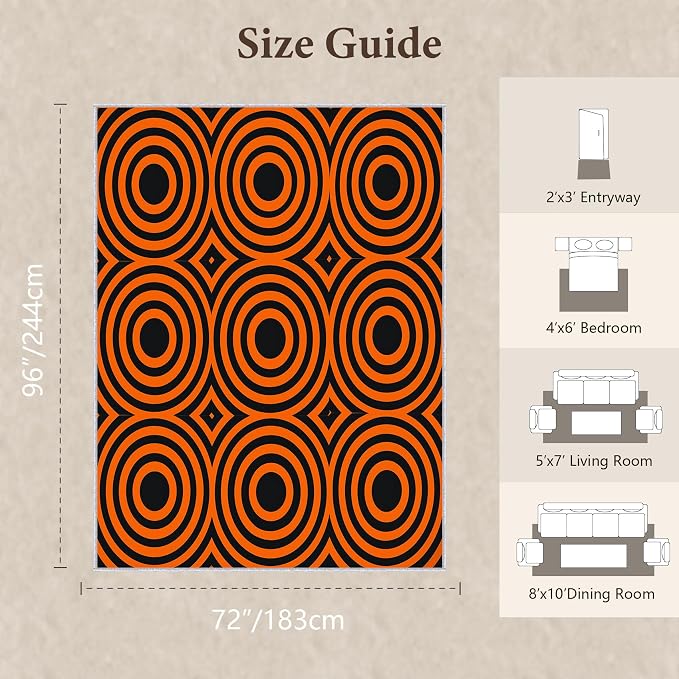 Retro Rings Area Rug 6x8, Optical Geometric Circle Rug, Bold Retro Pattern Carpet for Living Room Bedroom, Non Slip Soft Area Rug