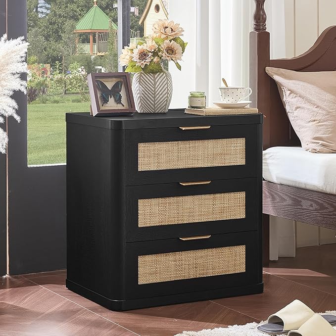 LEYAOYAO Rattan Night Stand Set of 2 with Charger Station, 23" Large 3 Drawer Boho Nightstand, Black Bedside Table Storage Cabinet, Bed Side End Tables for Bedroom, Living Room, Hallway