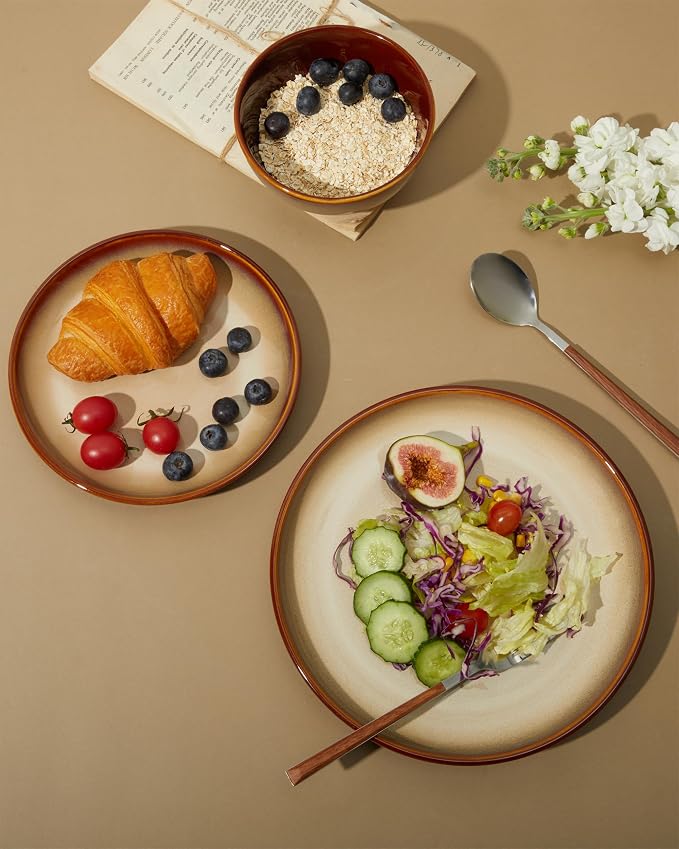 Pokini Ceramic Dish Set for 6, 18 Piece Dinnerware Set for Small to Medium Families, Reactive Glaze Design, Dishwasher & Microwave Safe, Brown Yellow