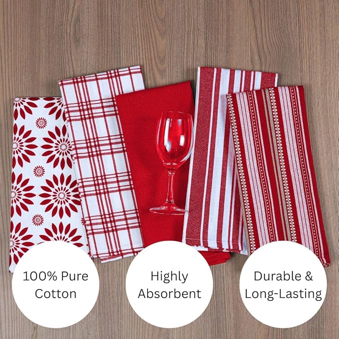 Assorted Kitchen Towels Set of 5-100% Cotton Dish Cloths Towels with Hanging Loop - Soft, Absorbent & Washable for Kitchen Use - Quick Drying Dish Towels 16x26 Inch Red