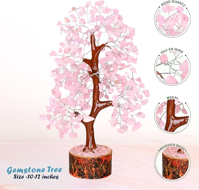 YATHABI Rose Quartz Tree - Pink Crystal Desk Decor - Feng Shui Gemstone Bonsai - Spiritual Gift for Positive Energy